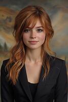 A professional portrait of a young woman in business attire, exuding confidence while making direct eye contact with the lens. photo