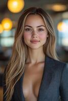 A confident young female leader in a stylish blazer, standing tall and looking directly into the camera with determination. photo