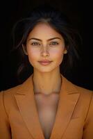 A dynamic headshot of a young female entrepreneur, radiating confidence as she looks directly at the viewer in an urban setting. photo
