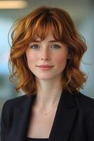 A dynamic headshot of a young female entrepreneur, radiating confidence as she looks directly at the viewer in an urban setting. photo
