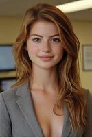 A confident young female leader in a stylish blazer, standing tall and looking directly into the camera with determination. photo