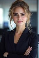 A striking image of a beautiful businesswoman smiling confidently while looking straight at the camera against an office backdrop. photo