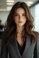 A confident young businesswoman with long hair, wearing a stylish blazer, looking directly at the camera with a warm smile. photo