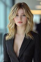 A vibrant headshot of a beautiful young executive with a confident expression, dressed in formal business attire, looking directly at the viewer. photo