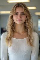 A professional image of a young female leader with an assertive pose, gazing confidently into the camera lens in an office setting. photo