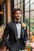 Half-body image of a groom wearing a formal gray tuxedo, captured mid-pose photo