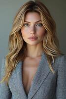A headshot of a confident young woman in a chic outfit, looking directly at the camera with an empowering expression. photo