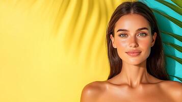 Vibrant portrait of a sporty woman in activewear, making eye contact with the viewer photo