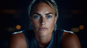 Beautiful athletic woman in sportswear, facing the camera with a confident expression, bright background photo