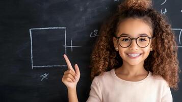 A teacher using a pointer to explain math concepts to a student, blackboard detailed with math symbols photo