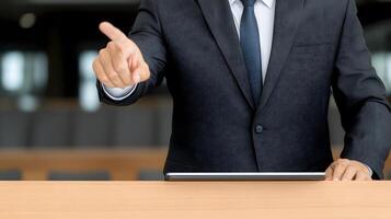 Businessman utilizing a digital tablet for a compelling presentation, capturing attention in a professional setting photo