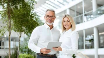 Collaborative discussion with a businessman pointing at a digital tablet screen in a bright, modern office photo