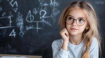A teacher engaging with a student during a math lesson, blackboard featuring numbers and equations photo