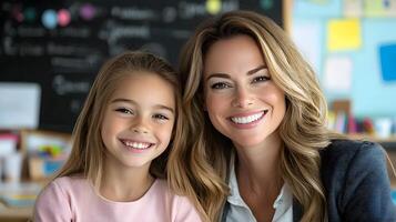 A teacher and a student collaboratively solving a math problem on a blackboard, vibrant classroom, learning together photo