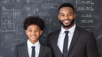 A teacher engaging with a student during a math lesson, blackboard featuring numbers and equations photo