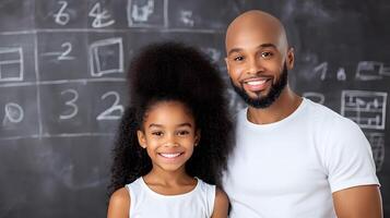 A teacher supporting a student while analyzing math equations on a blackboard, classroom teamwork photo