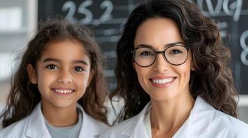 A teacher engaging with a student during a math lesson, blackboard featuring numbers and equations photo