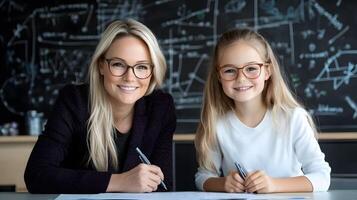 A teacher and a student collaboratively solving a math problem on a blackboard, vibrant classroom, learning together photo