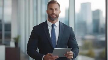 Confident businessman demonstrating project progress on a digital tablet, large windows and city skyline in the background photo