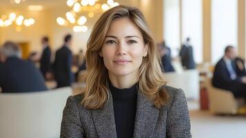 Professional woman advising clients on investment plans, modern office setting, supportive atmosphere photo