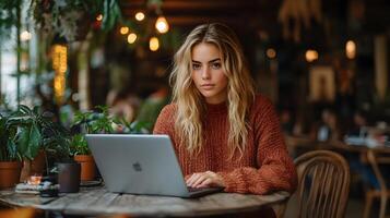 Woman in tech startup coding on her laptop, open workspace, programming project, professional energy photo