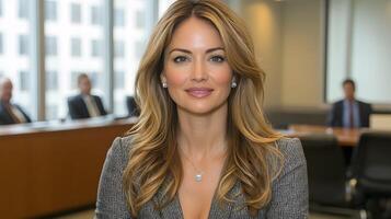 Professional woman in control of hybrid team meeting, modern conference room setup with remote participants photo
