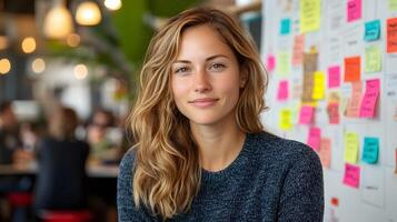 Female professional in a brainstorming session with colleagues, large whiteboard, creative workspace photo
