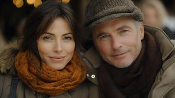 Woman and spouse watching a movie at home, comfortable sofa, soft lighting, relaxed expressions photo