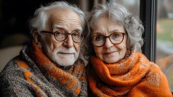 Evening in a cozy living room, couple enjoying a quiet conversation, warm home atmosphere, gentle laughter photo