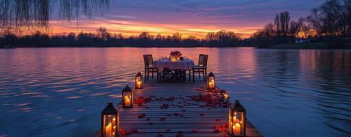 romantic lakeside dinner setting with wooden dock at sunset, surrounded by candles and rose petals photo