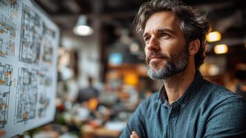Architect contemplating building plans in creative workspace, focused and inspired photo