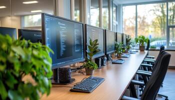 clean, bright office with multiple screens displaying code, plants, and modern furniture photo