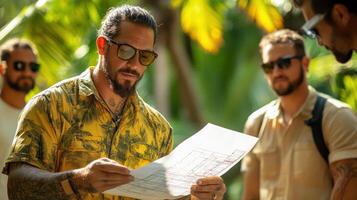 Construction site foreman reviewing blueprints with team in tropical setting photo