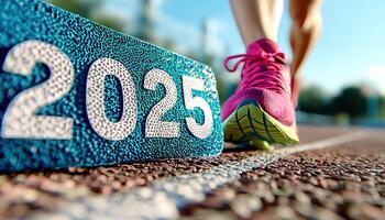 close up of running track with focus on year 2025 and runner foot in vibrant pink shoes, symbolizing athleticism and determination photo