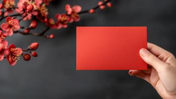 hand holding red envelope with cherry blossom branches in background, symbolizing good fortune and celebration photo