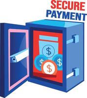 Money locker with secure payment text, flat sticker vector