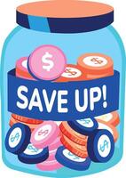 Coins jar with save up text, flat sticker vector