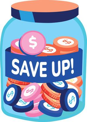 Coins jar with save up text, flat sticker
