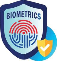 A flat sticker of a shield with a fingerprint and a checkmark, symbolizing biometrics vector