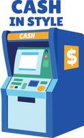 Atm with text cash in style, flat sticker vector