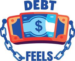 A flat sticker of a money bill chained with the text debt feels vector