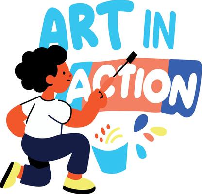 A flat sticker of an artist writing art in action with a paint brush