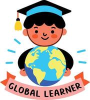 A flat sticker of a global learner wearing a graduation ap vector