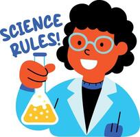 A flat sticker of a lab student holding a flask with science rules typography vector