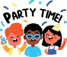 A flat sticker of excited characters with party time typography vector
