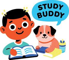 A flat sticker of a character reading book with his pet with study buddy typography vector