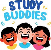 A flat sticker of laughing characters with study buddies typography vector