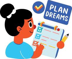 A flat sticker of a character writing a list with plan dreams typography vector