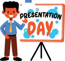 A flat sticker of a character standing near presentation day board vector