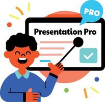 A flat sticker of a student with presentation pro typography vector